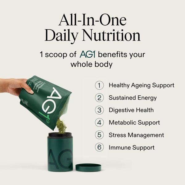 A clean, minimalist product demonstration showing the product being poured into a container alongside six key health benefits.
